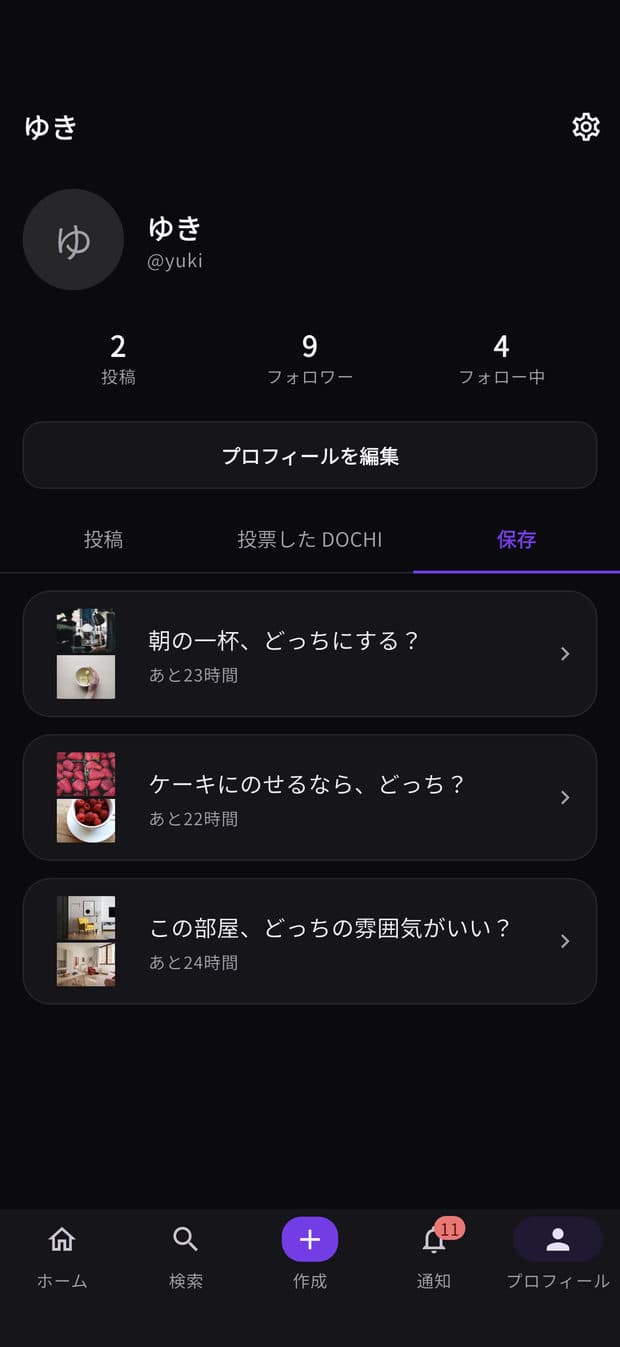 DOCHI のプロフィール画面。投稿数・投票数・フォロー・フォロワーが並び、その下に投稿の履歴がある
