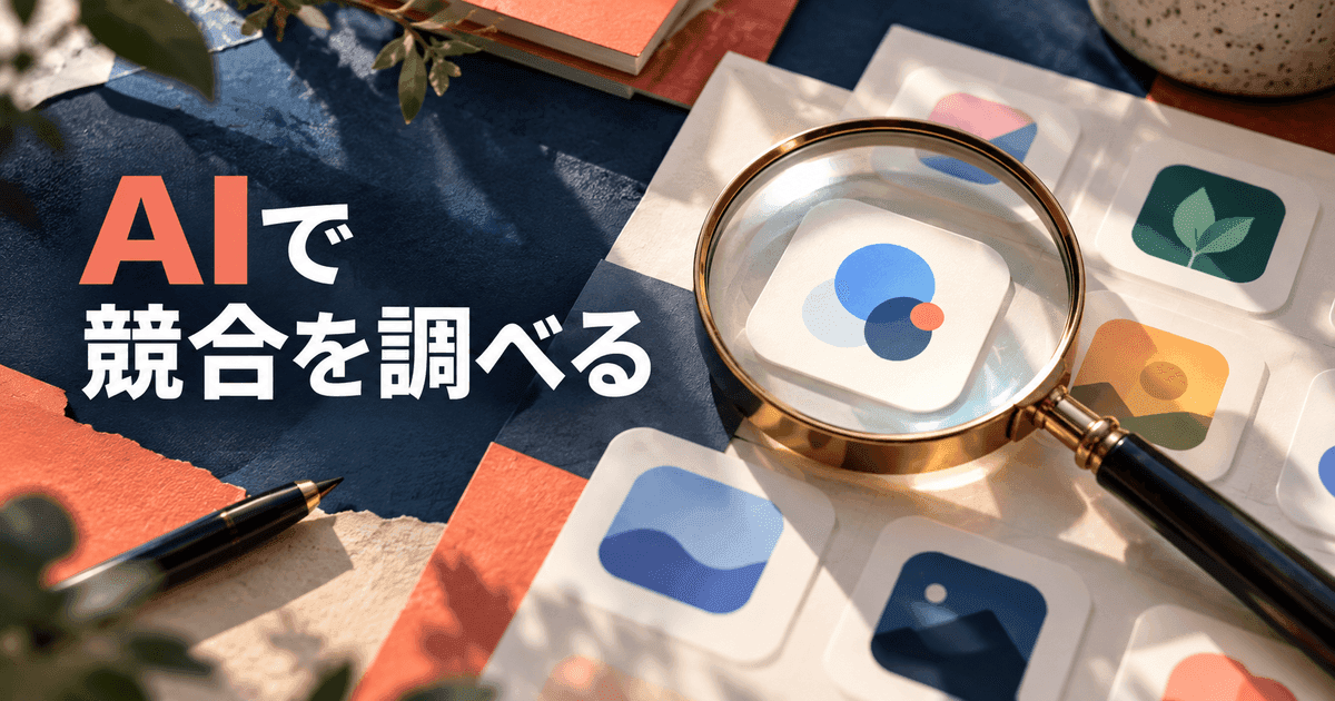 紙に並んだ複数のアプリのアイコンのうち、一つを拡大鏡で覗いている。「AIで競合を調べる」の文字