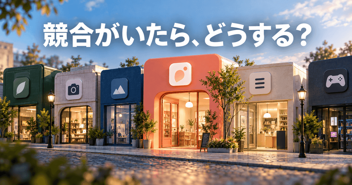 似た店構えが並ぶ通りの模型で、一軒だけ入口の色が違う。「競合がいたら、どうする？」の文字