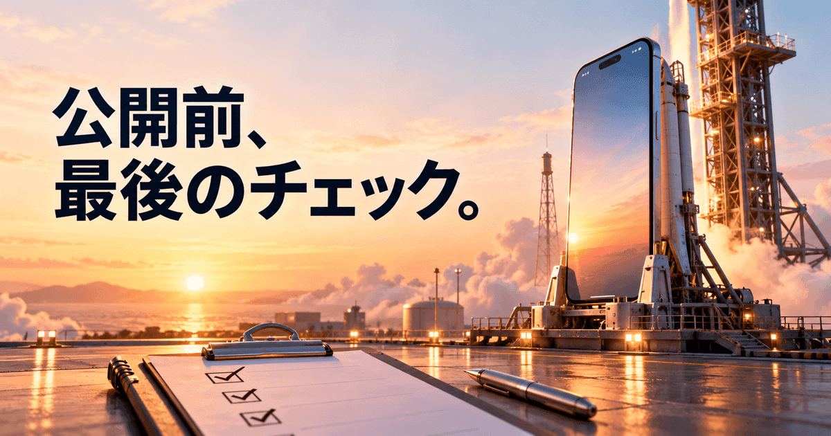 発射台に置かれた小さなスマートフォンと、印の付いた確認表。「公開前、最後のチェック。」の文字