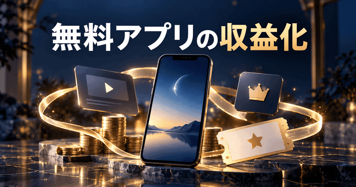 スマートフォンを中心に、チケット・積んだ硬貨・輪になった帯が並ぶ。「無料アプリの収益化」の文字