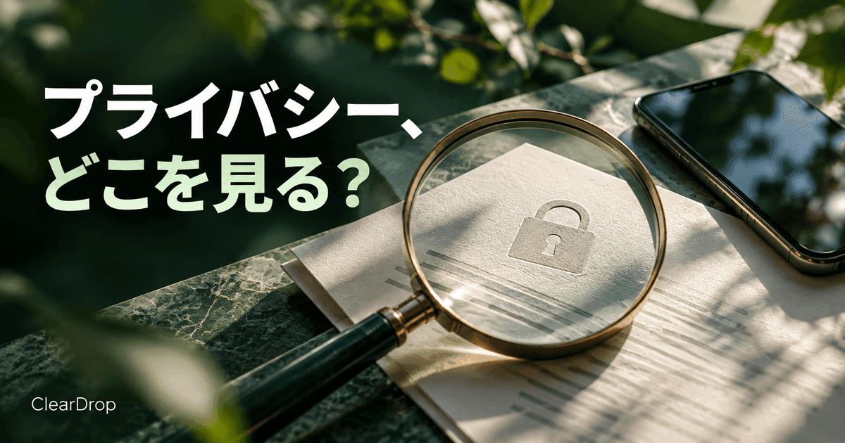 鍵の型押しがある折られた書類を、拡大鏡で見ている。「プライバシー、どこを見る？」の文字