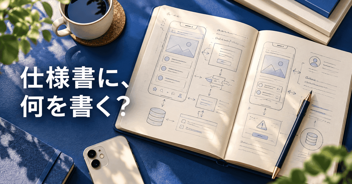設計図のノートに線画の画面図と鉛筆、小さなスマートフォン模型。「仕様書に、何を書く？」の文字
