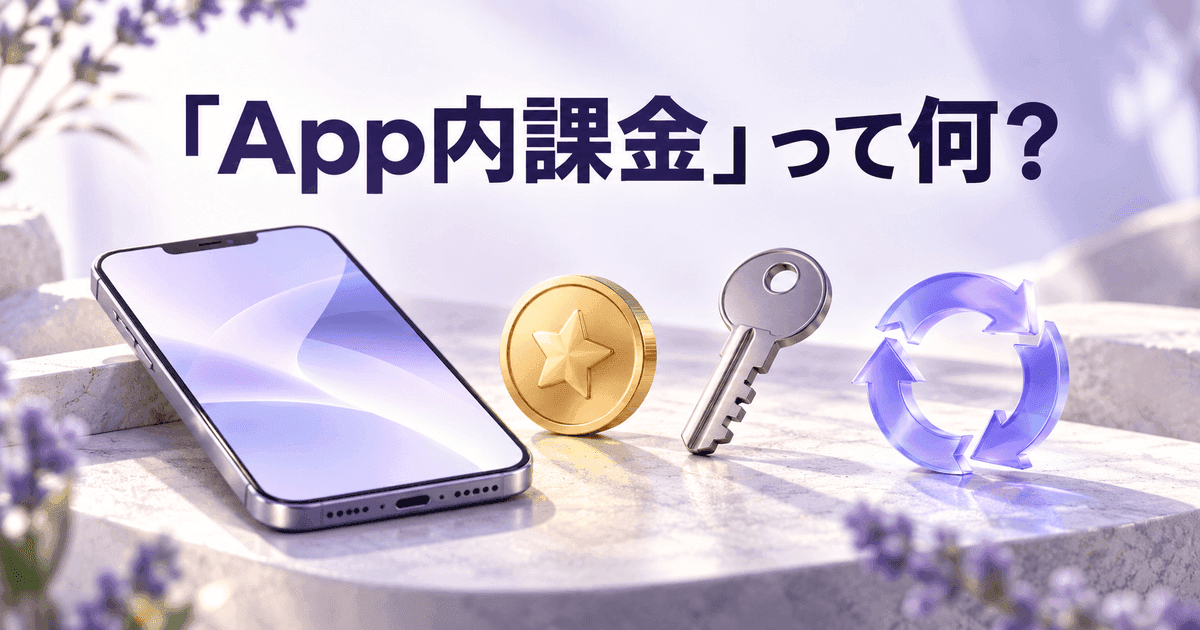 スマートフォンの横に、硬貨・鍵・輪になった帯の三つが並ぶ。「「App内課金」って何？」の文字