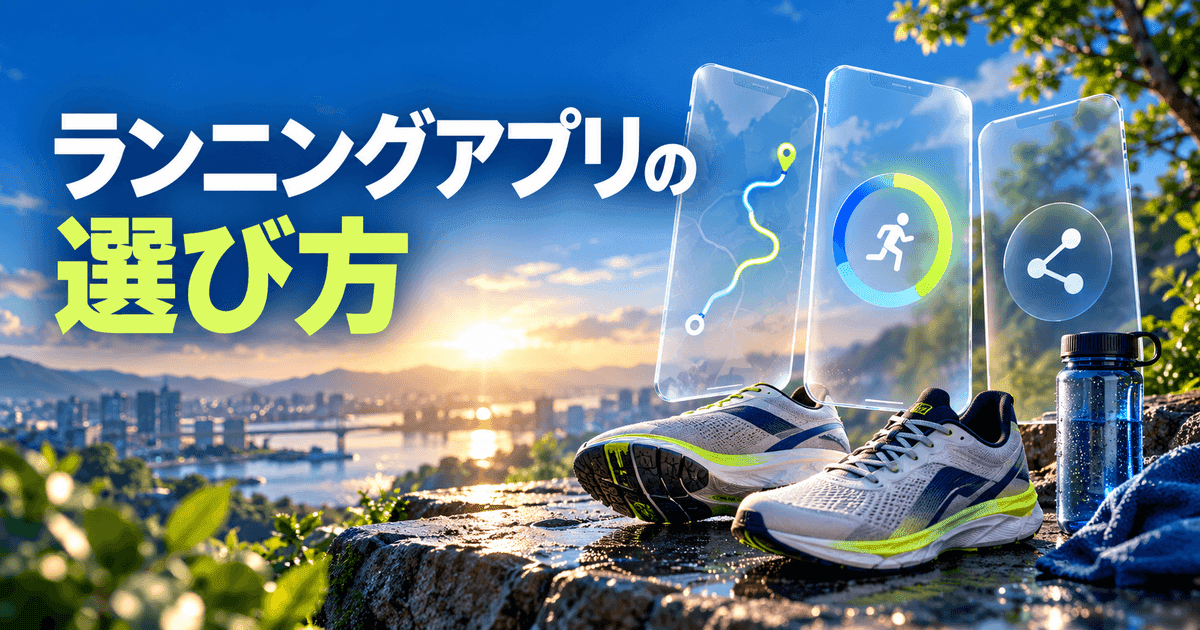 経路の線・計測の輪・共有の記号だけを映した三枚の半透明の板と靴。「ランニングアプリの選び方」の文字