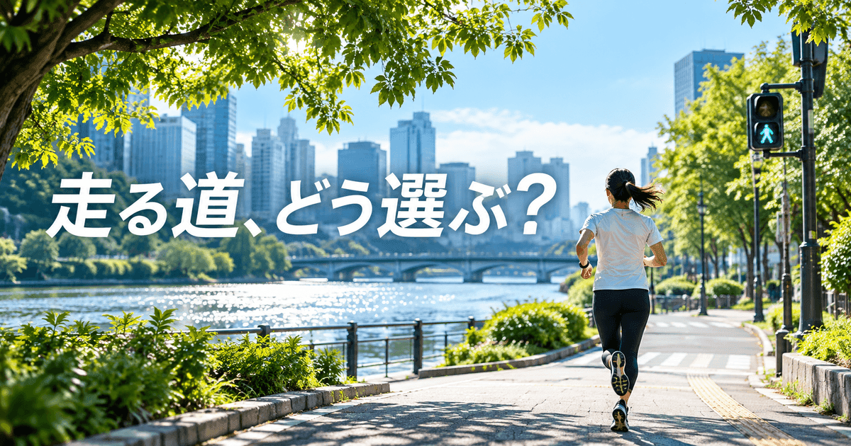 公園の広い歩道の交差点。歩行者信号と川が見え、走る人を後ろから。「走る道、どう選ぶ？」の文字