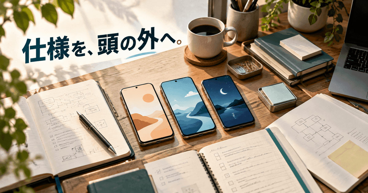 机に三台のスマートフォンが並び、両側に図の描かれたノートが開いている。「仕様を、頭の外へ。」の文字