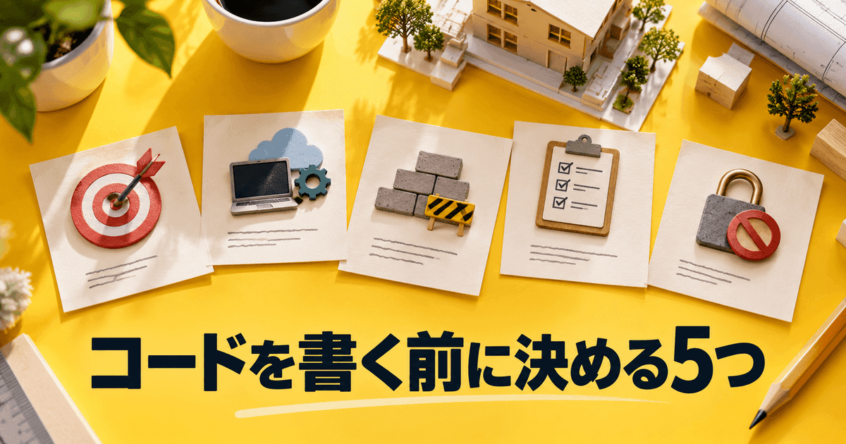 机の上に五枚のカードと鉛筆、建築模型を真上から見た図。「コードを書く前に決める5つ」の文字