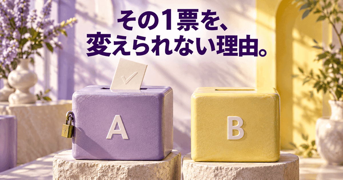 「その1票を、変えられない理由。」の文字の下に、Aと書かれた紫の投票箱とBと書かれた黄色の投票箱が並ぶ。Aの箱には票が差し込まれかけていて、横に南京錠が掛かっている