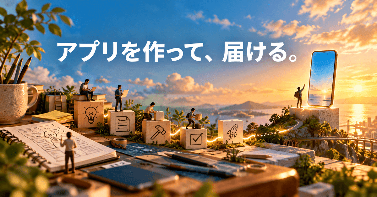 机の上の小さな人形たちが、着想から公開までの段ごとに並び、最後は崖の上のスマートフォンへ向かう。「アプリを作って、届ける。」の文字