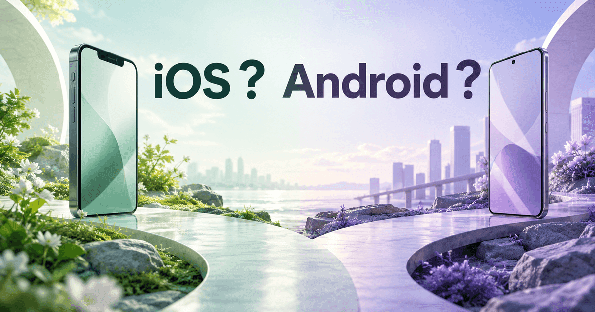 形の違う二台のスマートフォンが、二手に分かれる道のように向かい合う。「iOS？ Android？」の文字