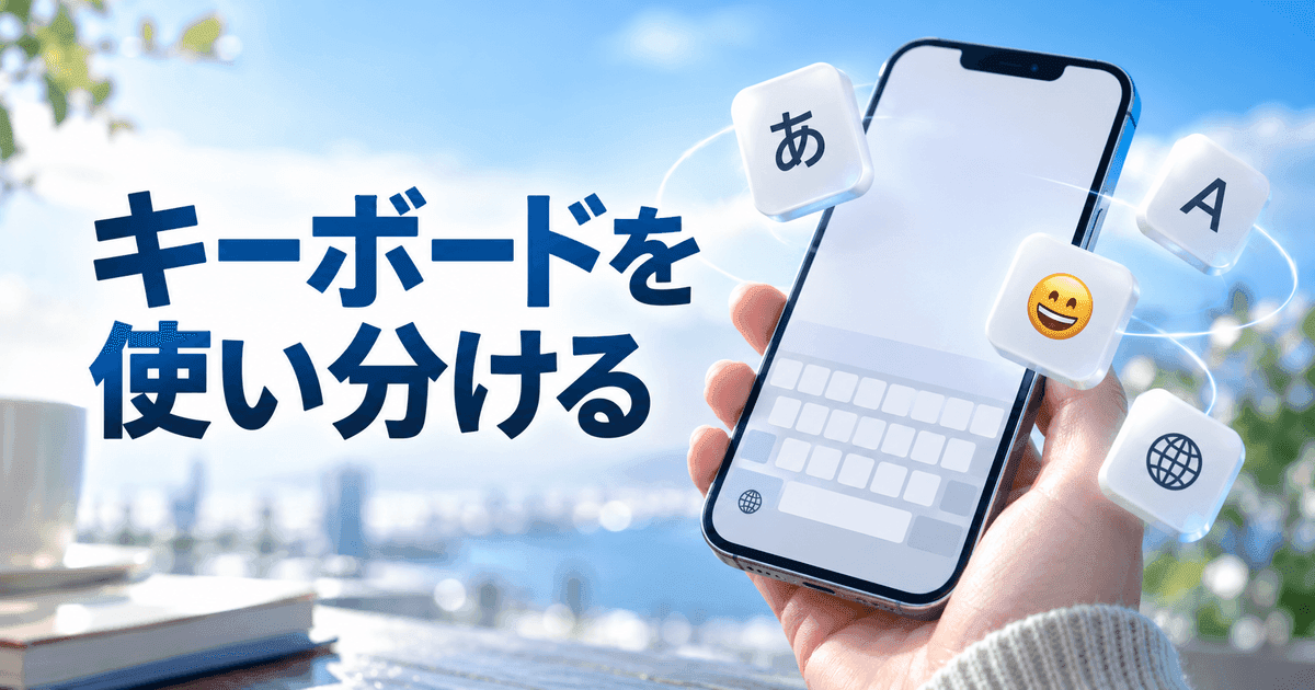 スマートフォンを持つ手の前に、日本語・英語・絵文字のキーが浮かぶ。「キーボードを使い分ける」の文字