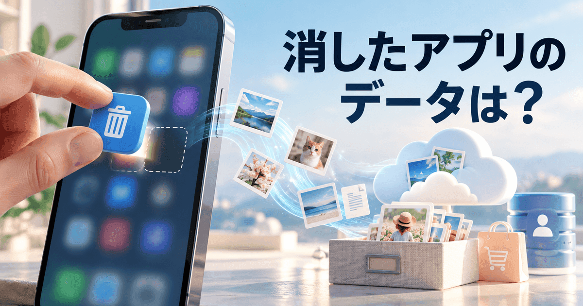 アプリの枠が一つ外れたスマートフォンと、雲と保管箱に残る写真カード。「消したアプリのデータは？」の文字