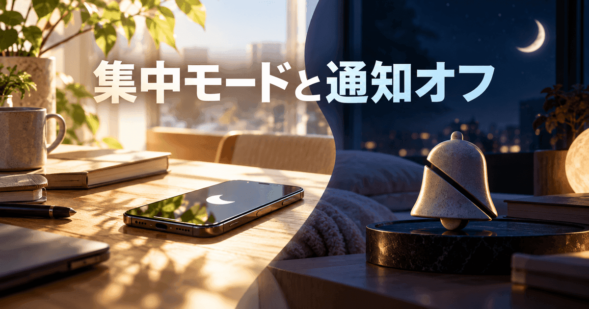 昼と夜に分かれた机。三日月の下のスマートフォンと、消音のベル。「集中モードと通知オフ」の文字