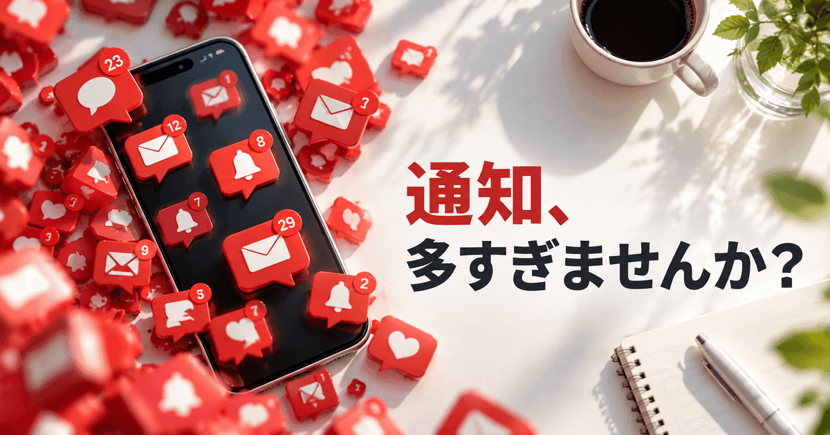 赤い通知の玉に囲まれたスマートフォンが、片側では静かな机に変わる。「通知、多すぎませんか？」の文字
