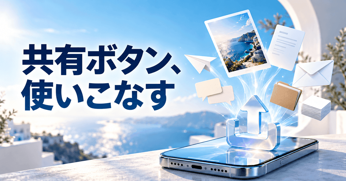 スマートフォンから共有の矢印が立ち上がり、写真・書類・封筒・紙飛行機が飛び出す。「共有ボタン、使いこなす」の文字