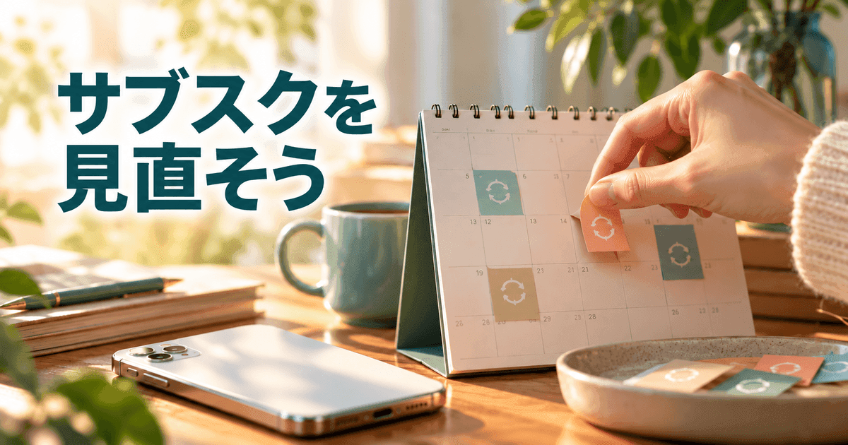 日差しの入る机の卓上カレンダー。更新の印が付いた付箋を、手が一枚はがしている。「サブスクを見直そう」の文字