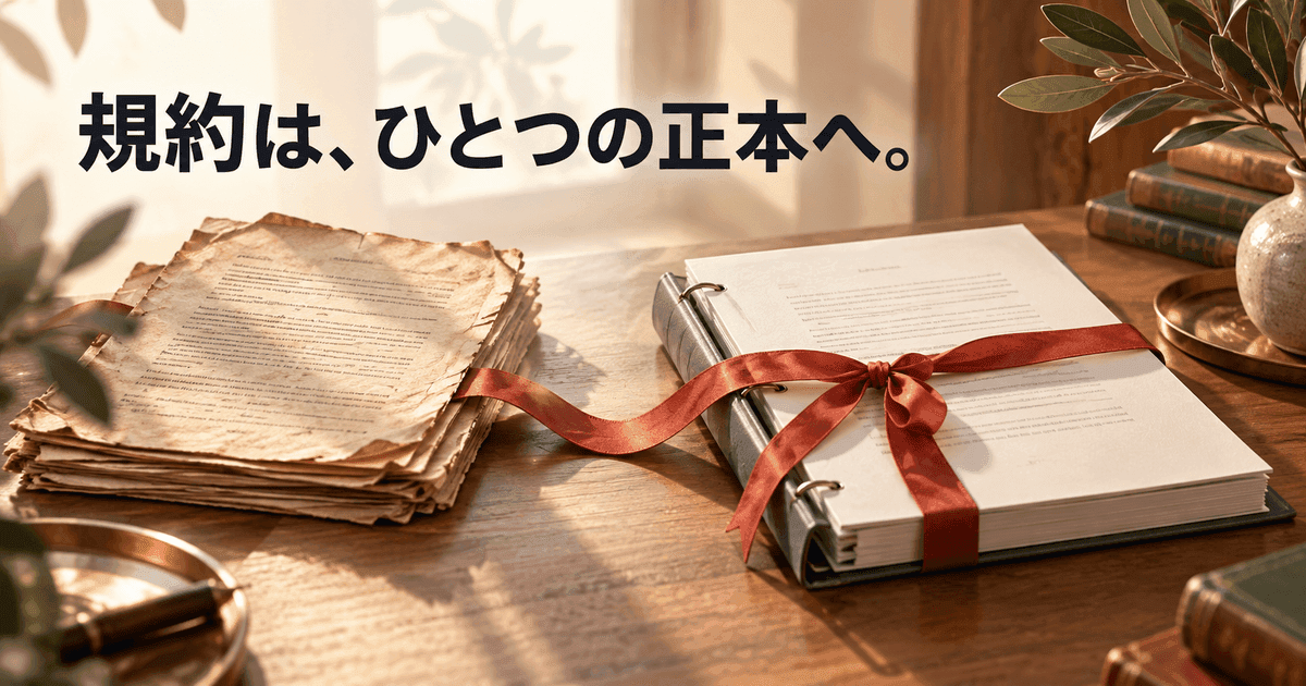 ほぼ同じ二枚の書類の片方が色あせ、一冊のバインダーにまとめられる。「規約は、ひとつの正本へ。」の文字