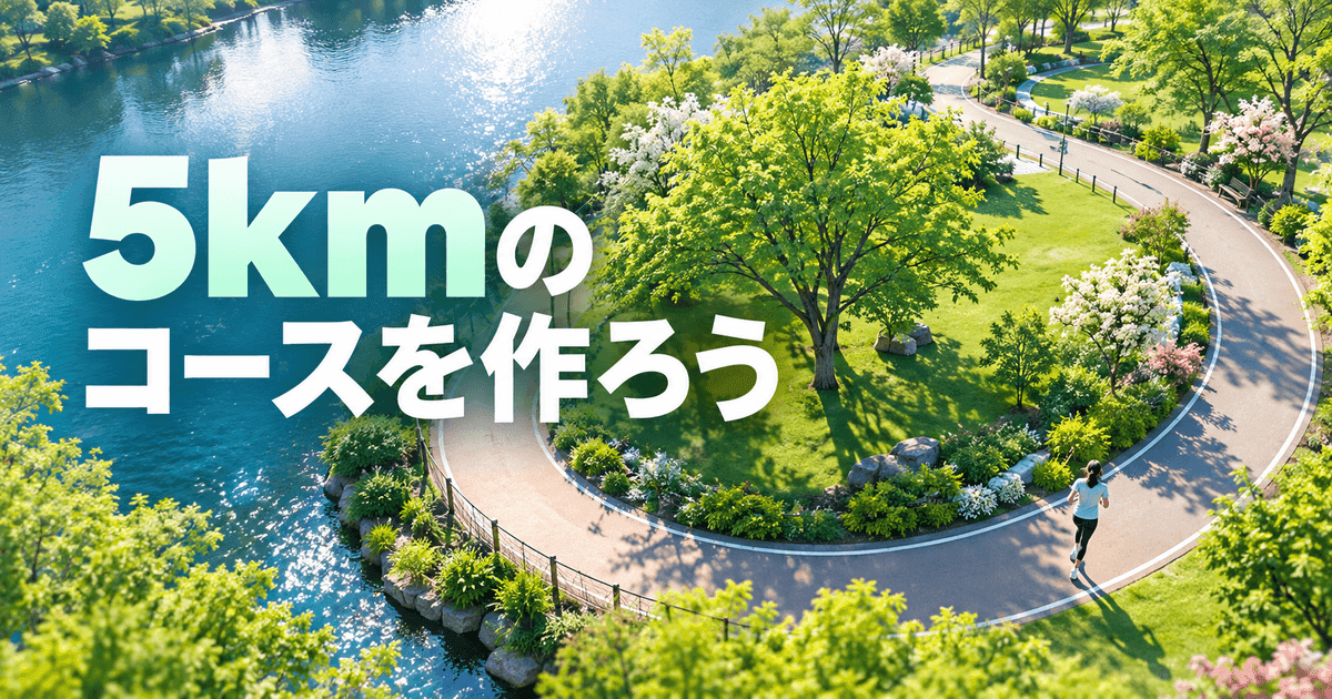 緑地をぐるりと回る一本の周回路を真上から見た図。「5kmのコースを作ろう」の文字