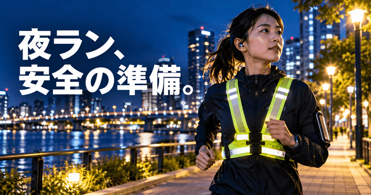 街灯の下の歩道を、反射材のベストを着た人が走っている。「夜ラン、安全の準備。」の文字