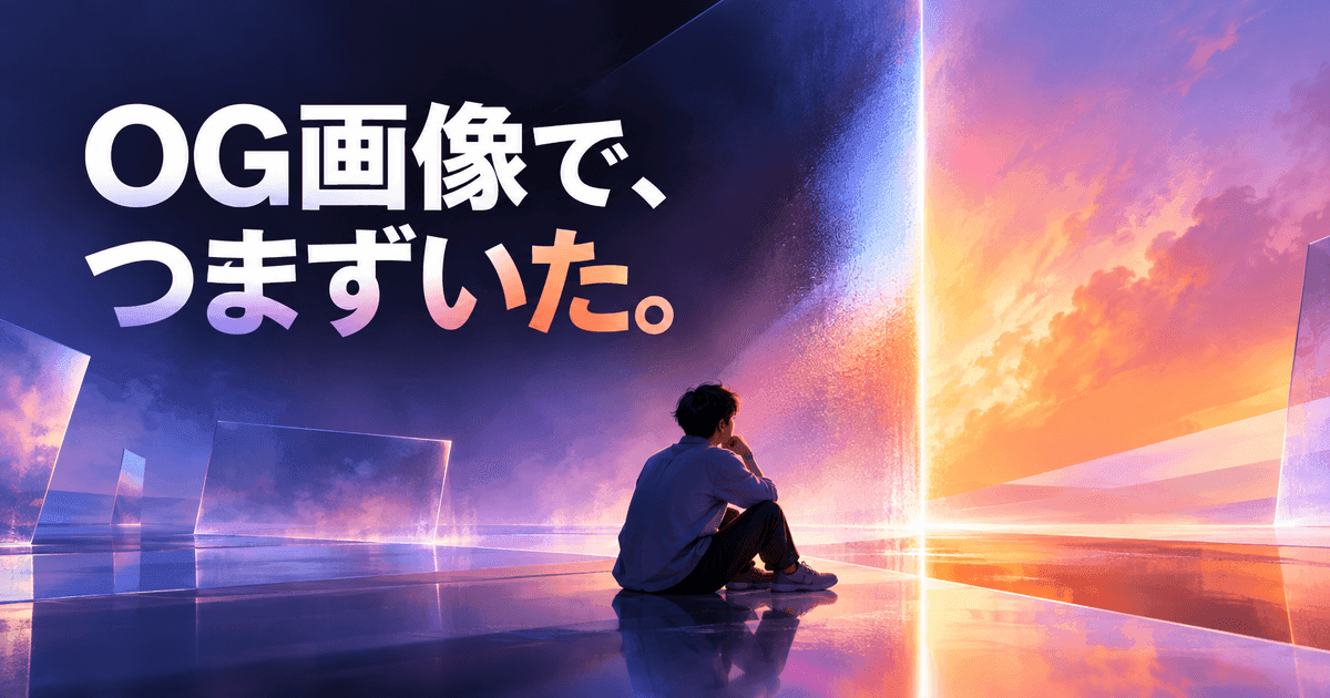 紫と橙に分かれた空間の境目に、ひとりで座って光のほうを見ている人。「OG画像で、つまずいた。」の文字