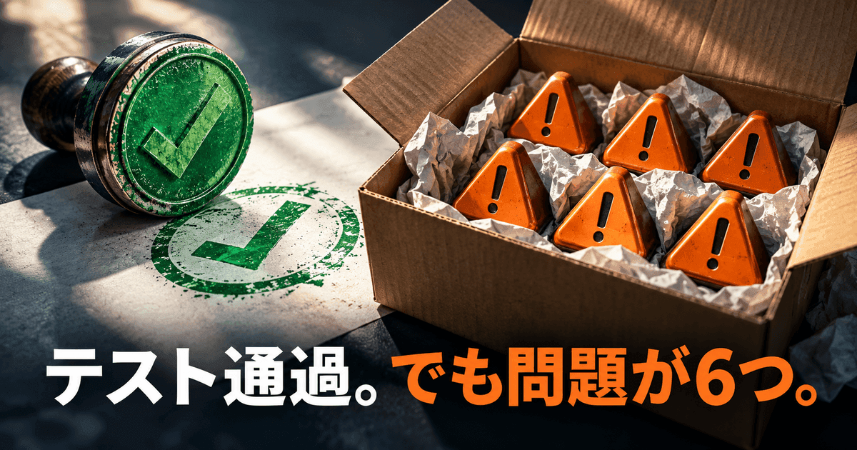 緑の合格印の隣で、開いた箱から六つの警告の印が出てくる。「テスト通過。でも問題が6つ。」の文字