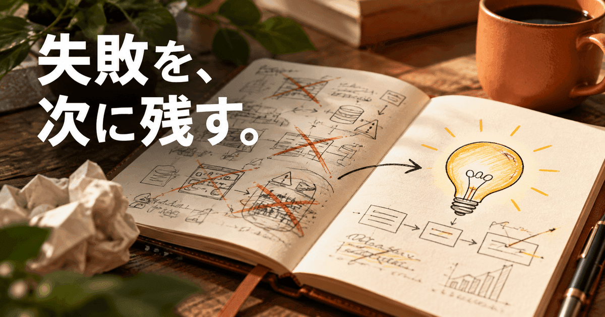修復されたノートに、消された下書きと新しい案が一つ。「失敗を、次に残す。」の文字
