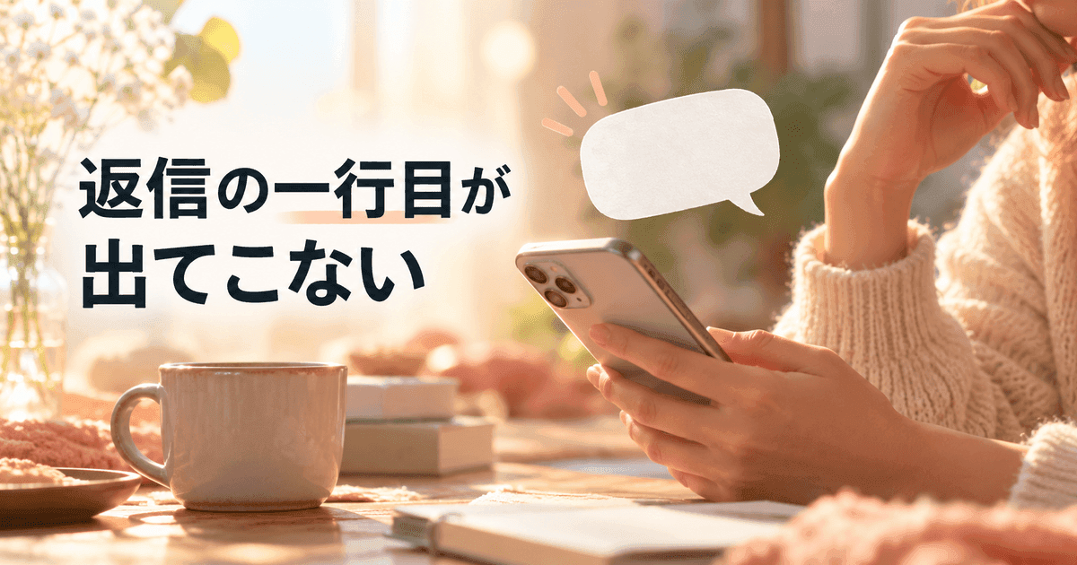 スマートフォンの上で止まった手と、白紙の吹き出しとコーヒー。「返信の一行目が出てこない」の文字