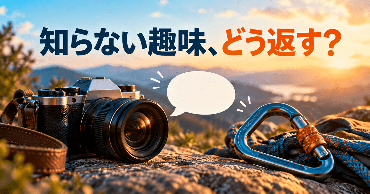 カメラと登山用の金具を、空の吹き出しが一つにつないでいる。「知らない趣味、どう返す？」の文字