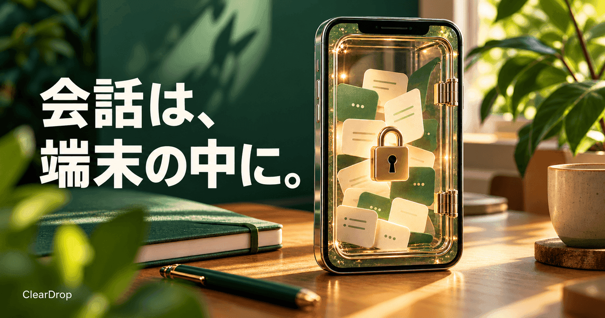 透明なスマートフォンの金庫の中に、光る会話のカードが収まっている。「会話は、端末の中に。」の文字