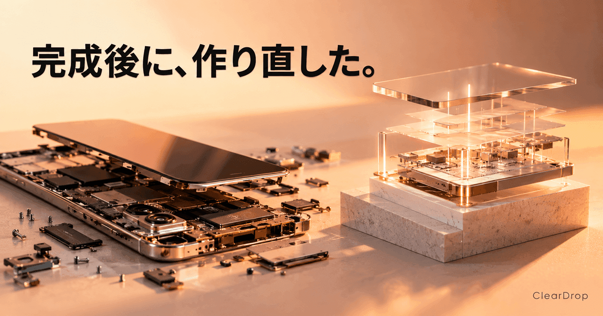 半分だけ解体されたスマートフォンの模型と、隣に組み直された土台。「完成後に、作り直した。」の文字