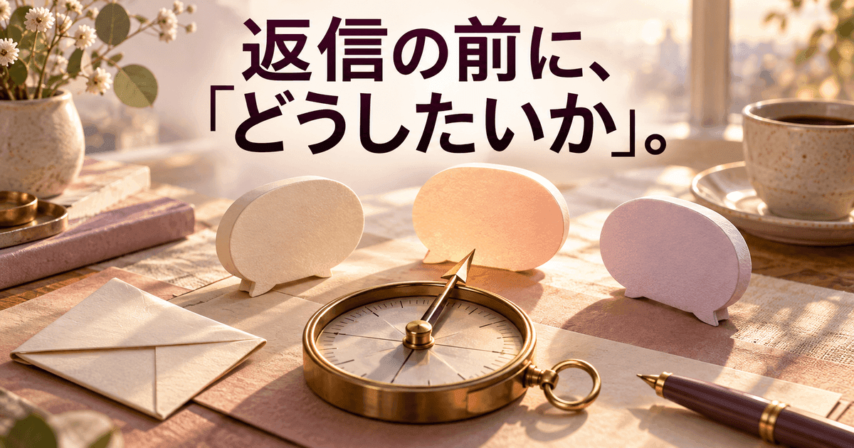 「返信の前に、「どうしたいか」。」の文字の下、淡いピンクの机に紙の吹き出しが3つ並び、真鍮の方位磁針の針が、光の当たった真ん中の吹き出しを指している