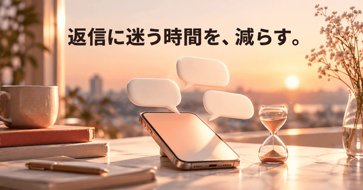 夕暮れの机にスマートフォンと砂時計、空の吹き出しが三つ浮かぶ。「返信に迷う時間を、減らす。」の文字