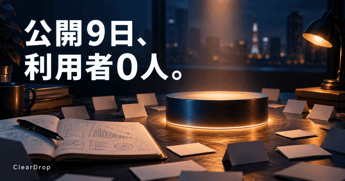 光る空の展示台と、無地のカードに囲まれた調査ノート。「公開9日、利用者0人。」の文字