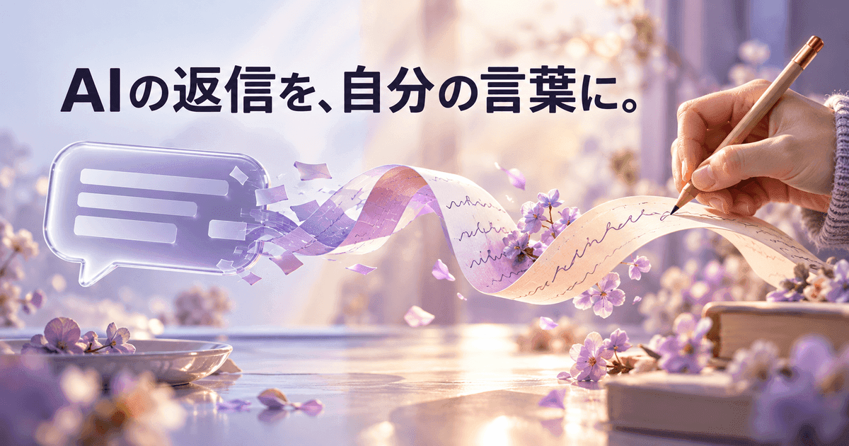 機械的な吹き出しが、鉛筆を通って手書きの帯に変わっていく。「AIの返信を、自分の言葉に。」の文字