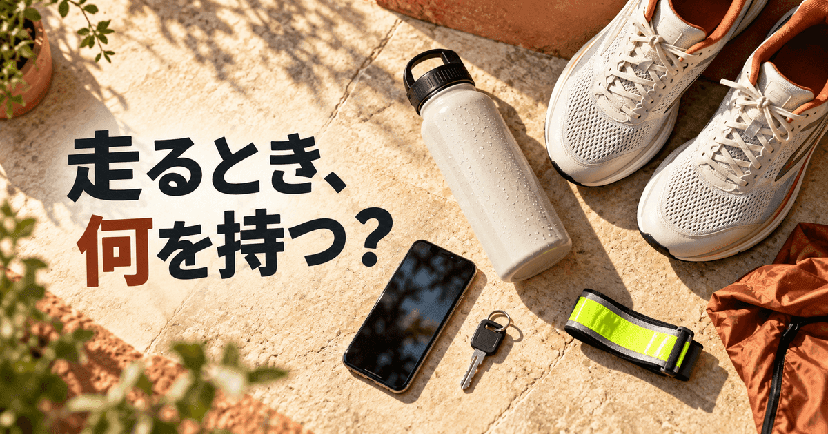 ランニングシューズ・水筒・鍵・スマートフォン・反射バンドを真上から。「走るとき、何を持つ？」の文字