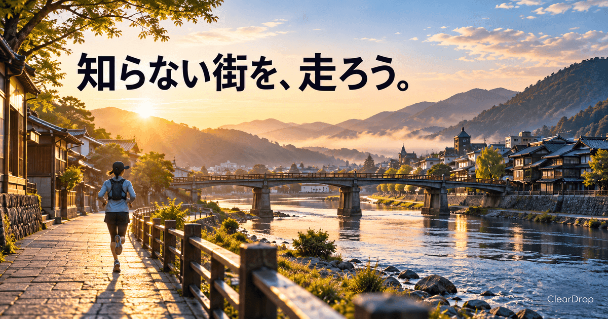 夜明けの川沿いの街を、小さく写る走る人が進んでいく。「知らない街を、走ろう。」の文字