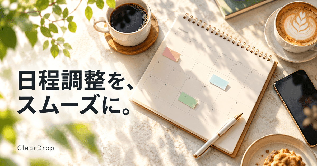 カレンダーに色の付箋がいくつか、隣に二つのカップとスマートフォン。「日程調整を、スムーズに。」の文字