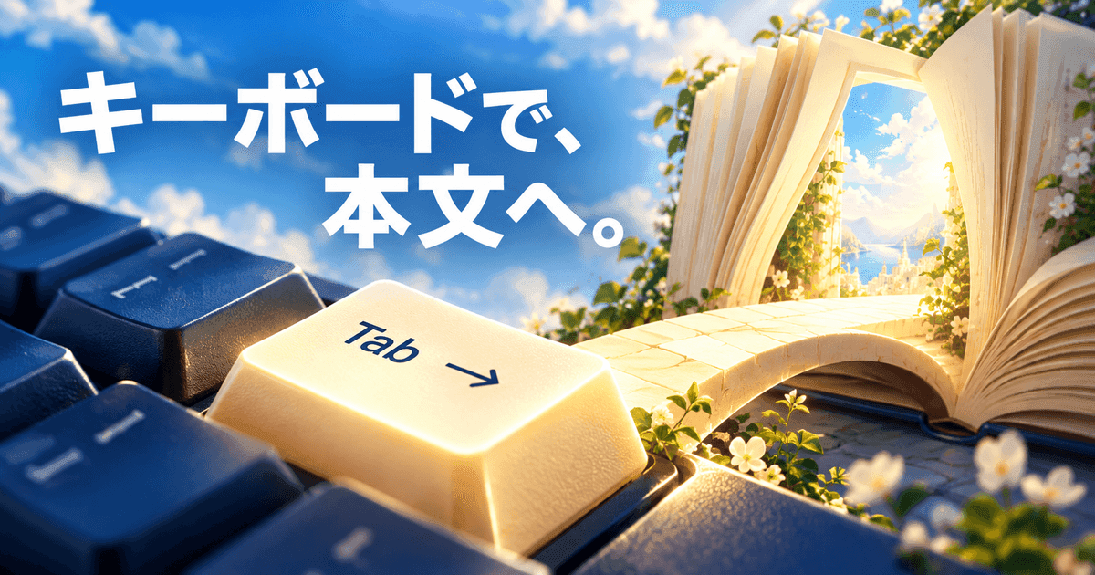 キーボードのTabキーが、開いた本へまっすぐ渡る橋になっている。「キーボードで、本文へ。」の文字
