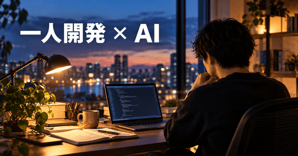 夜の机でノートパソコンに向かう人を後ろから見た図。「一人開発 × AI」の文字