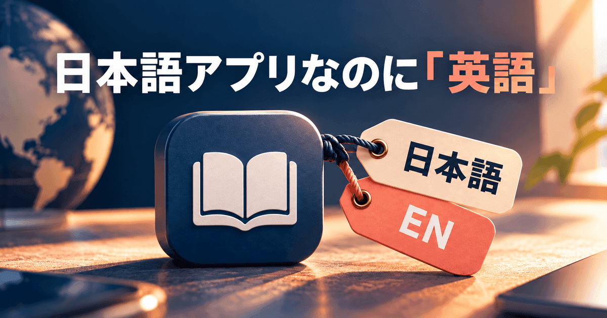 紺の角丸アイコンに本のマーク。そこから「日本語」と「EN」の二枚の札が下がっている。「日本語アプリなのに「英語」」の文字