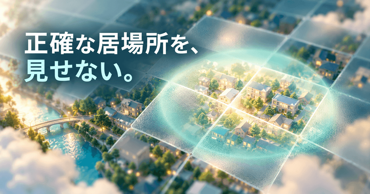 街の模型が曇りガラスの格子に覆われ、正確な点ではなく広い光で位置を示す。「正確な居場所を、見せない。」の文字