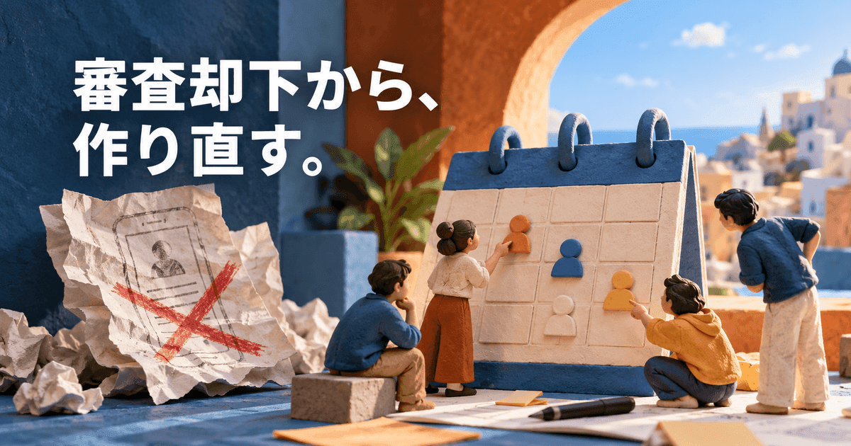 却下された無地の企画書が、カレンダーを囲む小さな集まりに変わる。「審査却下から、作り直す。」の文字