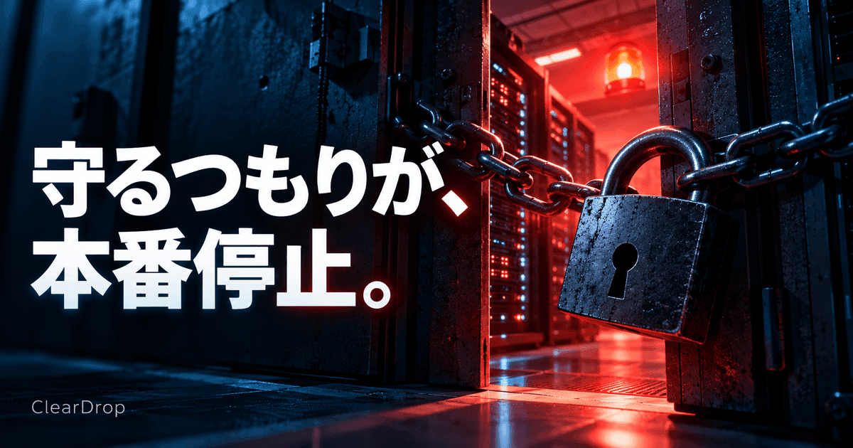 明るいサーバー室への扉を、大きな南京錠が塞いでいる。赤い非常灯。「守るつもりが、本番停止。」の文字