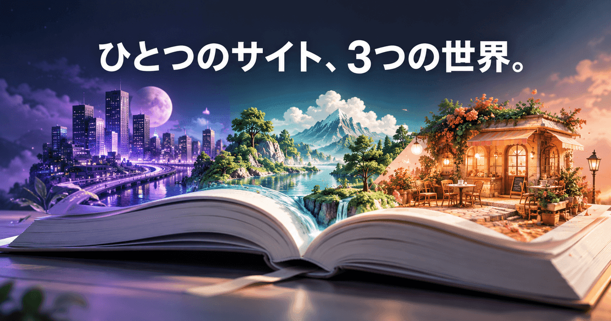 一冊の白い本から、紫の街・緑の風景・珊瑚色のカフェが立ち上がる。「ひとつのサイト、3つの世界。」の文字