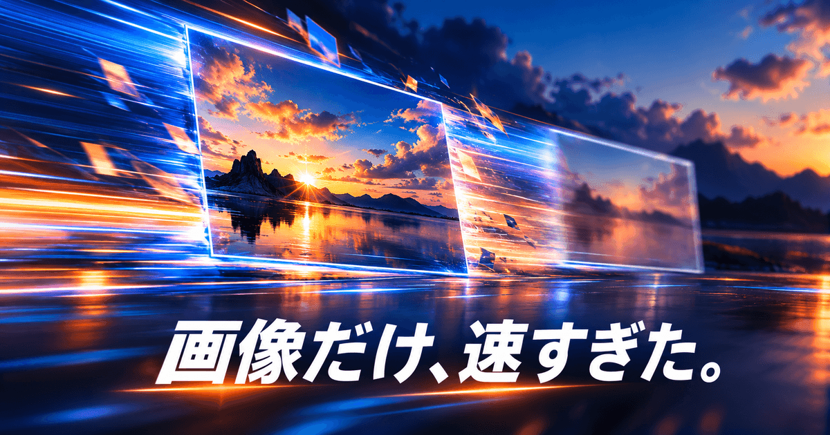 二枚の写真の枠が、長さの違う軌跡を引きながら別々の速さで動く。「画像だけ、速すぎた。」の文字