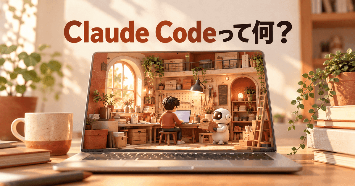 ノートパソコンの黒い画面が、小さな作業場への入口になっている。「Claude Codeって何？」の文字
