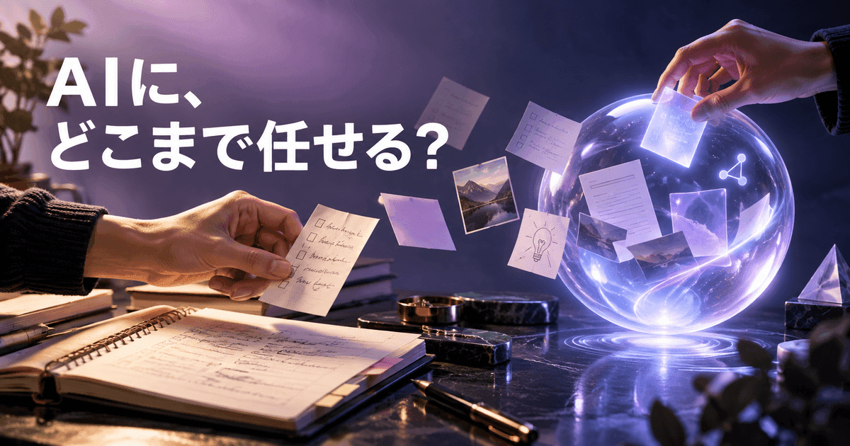 手元のノートと半透明の球のあいだで、作業を仕分けしている図。「AIに、どこまで任せる？」の文字