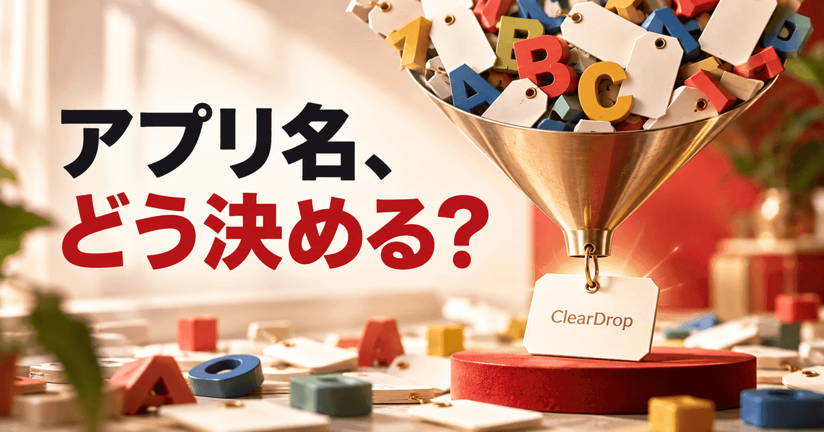 文字の積み木と名札が漏斗に集まり、下から「ClearDrop」の札が一枚だけ出てくる。「アプリ名、どう決める?」の文字