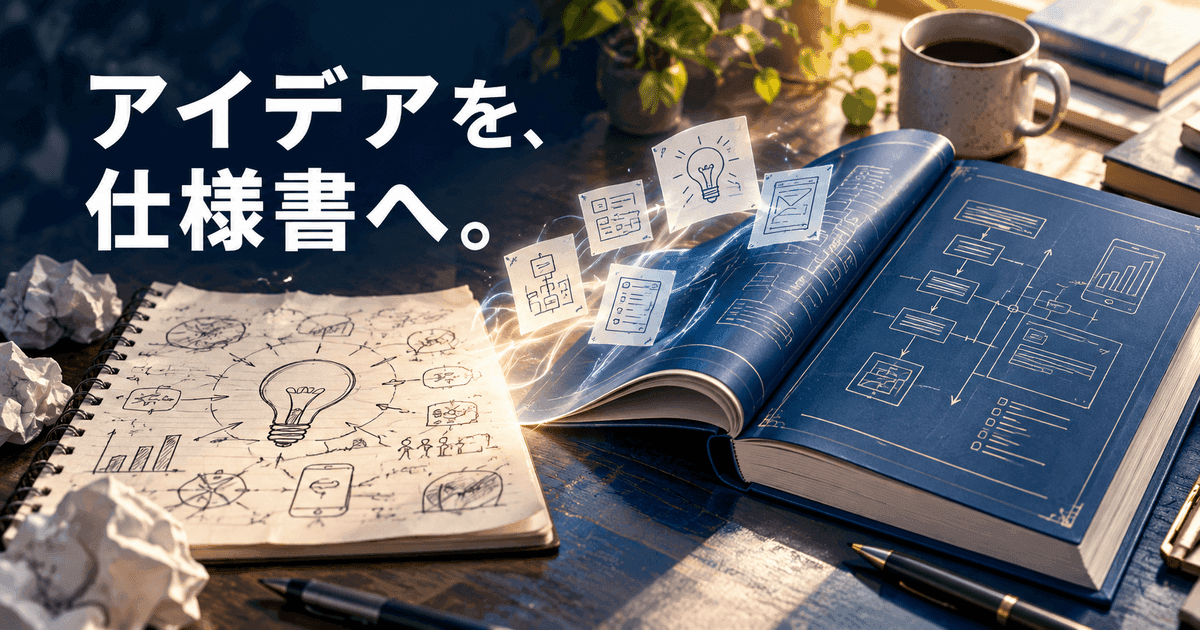 手書きの走り書きが、整理された設計図の冊子に変わっていく。「アイデアを、仕様書へ。」の文字